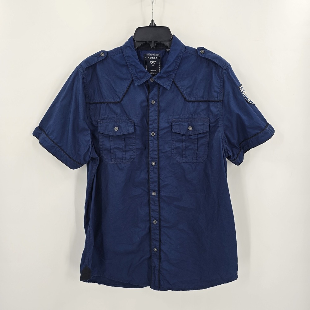 GUESS Shirt Mens L Slim Fit Western Button Up‎ Short Sleeve Cotton Blue Patch
